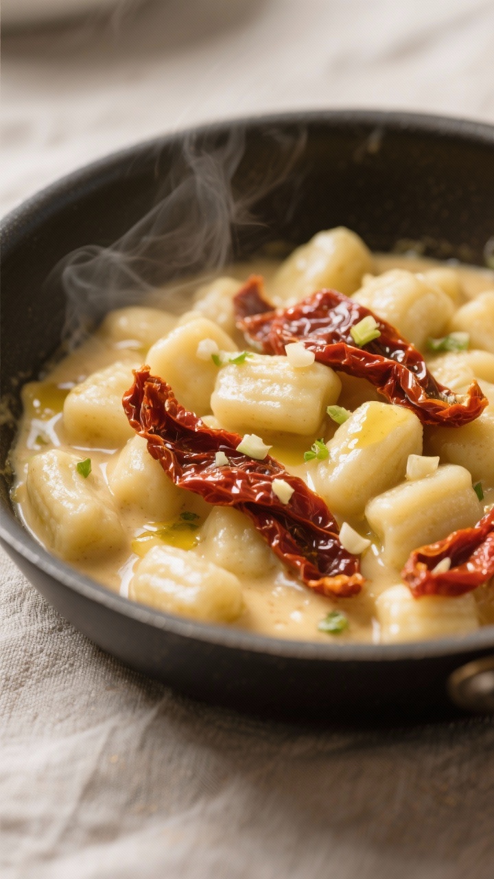 Close-up, one-pan creamy sun-dried tomato gnocchi: pillowy potato gnocchi coated in a silky butter-and-olive-oil sauce, ribbons of oil-packed sun-dried tomatoes folded through, minced garlic speckling the creaminess, glossy sheen catching soft window light; shallow depth of field focusing on gnocchi texture and tomato ridges, subtle steam, presented in a low-sided skillet with a neutral linen beneath.