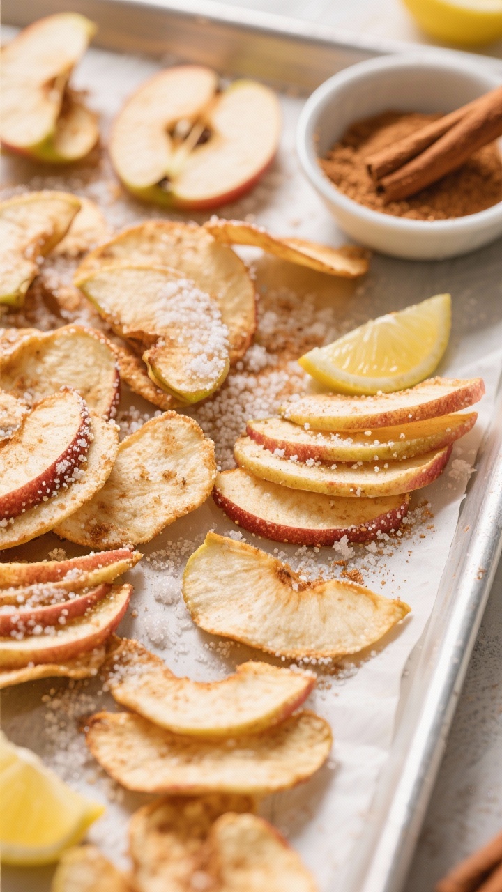 Close-up overhead of apple pie crunch chips: ultra-thin apple slices fanned on a parchment-lined tray, dusted evenly with granulated sugar, ground cinnamon, a pinch of salt, and a hint of lemon juice sheen. Show some chips curled and crisped at the edges, a small bowl of cinnamon sugar nearby, bright cozy light evoking warm apple pie aromatics.