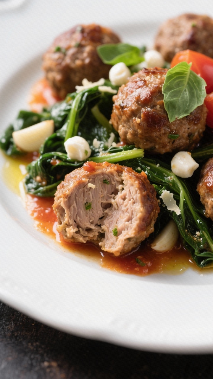 Close-up plated Caprese-Inspired Turkey Meatballs with Garlic Greens: browned turkey meatballs (lean turkey, egg, whole-wheat breadcrumbs, Parmesan, Italian seasoning, garlic, salt) nestled over sautéed garlicky greens; meatballs glazed lightly with reduced tomato juices, topped with small mozzarella pearls and torn basil, a drizzle of olive oil; served on a white rimmed plate, high contrast, sharp focus on juicy interior of one sliced meatball.