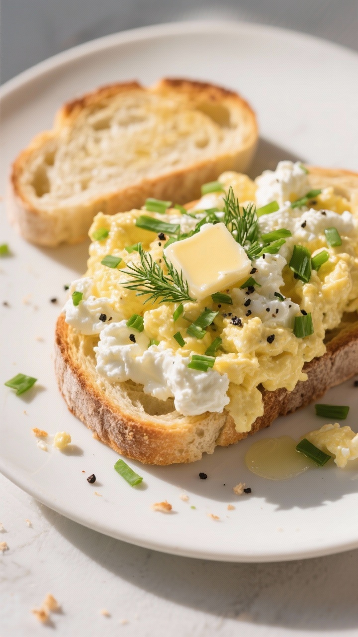 Close-up plated shot of ricotta and herb soft-scramble on toasted sourdough: ultra-creamy curds with whole-milk ricotta folded in, flecked with chopped chives, parsley, and dill, finished with black pepper and a gloss of butter. Two slices of golden sourdough beneath, crumbs on the plate; soft morning light, minimal styling to emphasize silkiness.