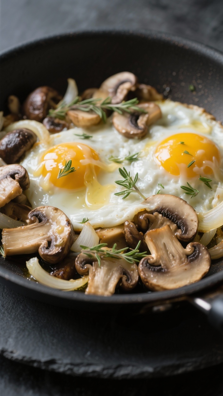 Close-up, shallow depth of field of a creamy mushroom and thyme egg skillet: mixed mushrooms (cremini, shiitake, oyster) deeply sautéed in butter and olive oil, thinly sliced shallots translucent, specks of fresh thyme leaves visible, softly scrambled eggs folded in, ribbons of melted Gruyère pooling and stretching across mushroom caps; glossy, velvety textures highlighted, moody side light on a matte charcoal plate.