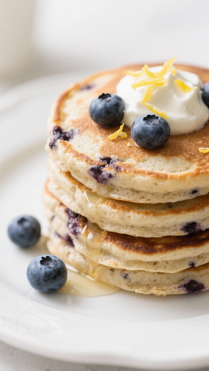 Close-up stack of blueberry-lemon protein pancakes: fluffy oat-flour cakes speckled with blueberries, edges lightly browned, a dollop of nonfat Greek yogurt on top, lemon zest sprinkled over, and a few fresh blueberries cascading down; minimal syrup, bright morning light, airy texture highlighted against a white plate.