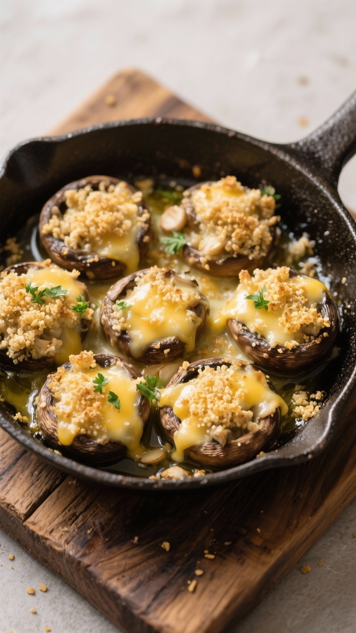 Close-up, straight-on capture of cheesy stuffed mushrooms: cremini caps brimming with a buttery filling of minced mushroom stems sautéed with olive oil, butter, and garlic, folded with panko and melty cheese, tops sprinkled with extra panko for crunch; mushrooms arranged snugly in a small cast-iron skillet, edges bubbling, flecks of parsley, golden crumbs sparkling, set on a rustic wooden board.