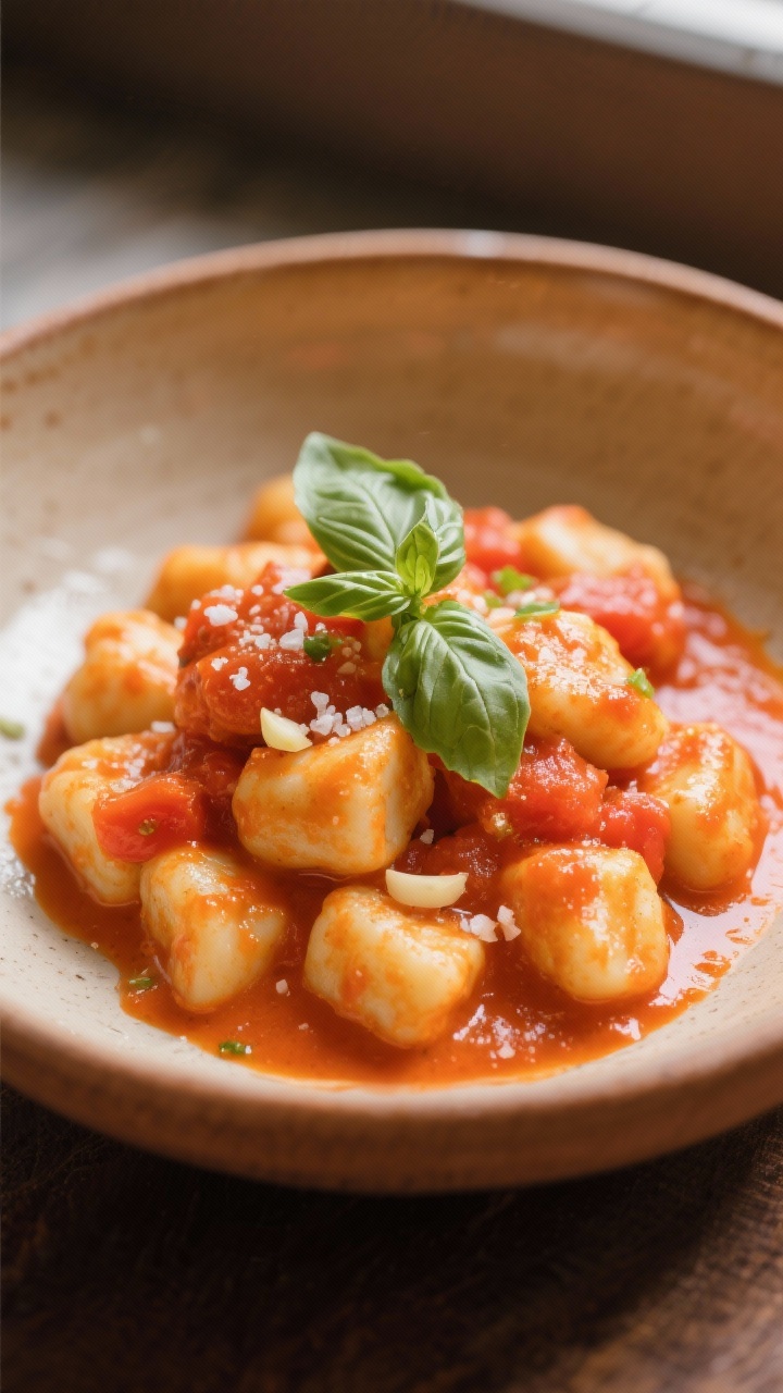 Close-up, straight-on shot of creamy tomato basil gnocchi: pillowy gnocchi coated in a silky sauce made from crushed tomatoes and heavy cream, with a glossy orange-red hue. Specks of minced garlic and kosher salt, ribbons of fresh basil on top, sauce pooling around the gnocchi, served in a warm ceramic bowl with soft window light.
