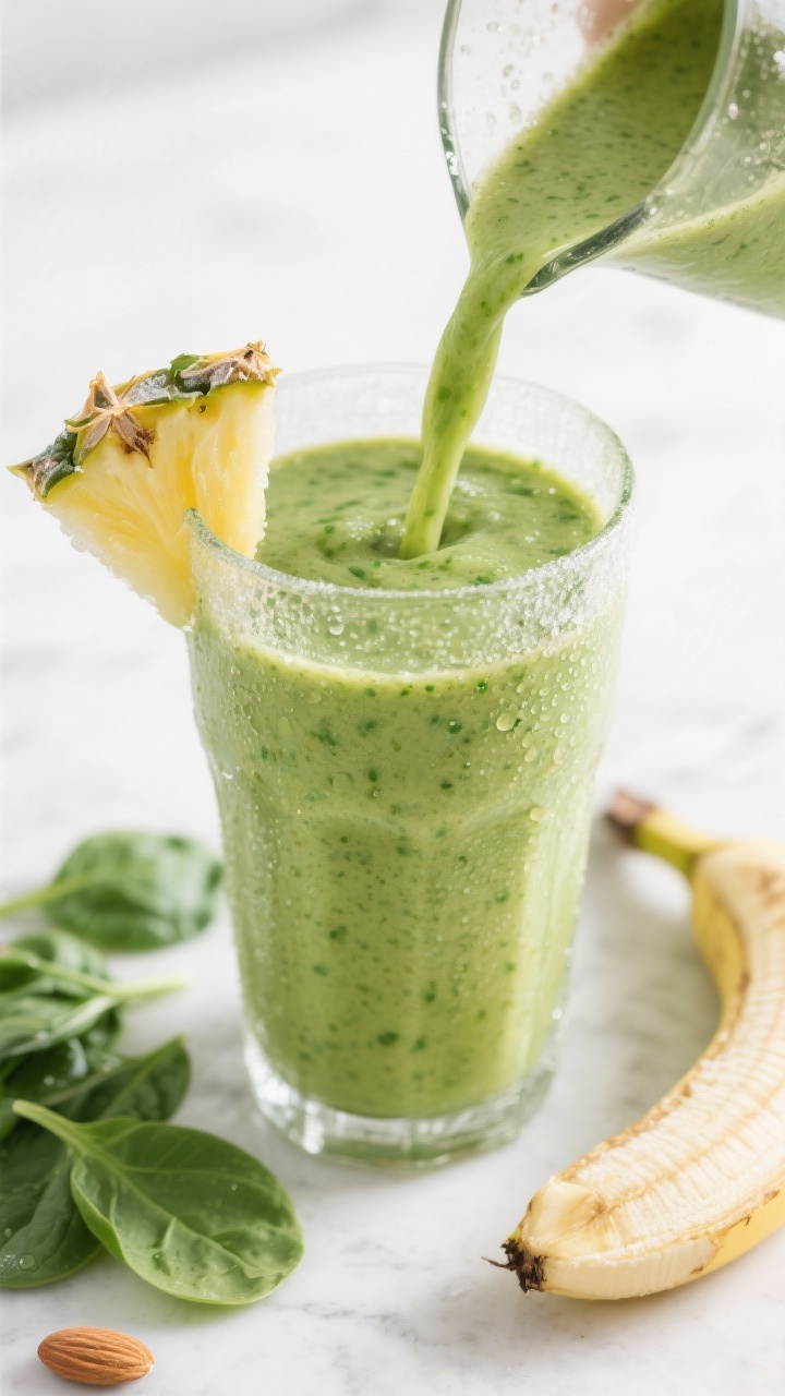 Close-up, straight-on smoothie pour: emerald Green Goddess protein smoothie blending spinach, almond milk, frozen banana, and frozen pineapple/mango being poured into a clear, frosty glass; condensation on the glass, velvety thick texture with tiny green flecks, a slice of frozen pineapple on the rim; background props include a handful of baby spinach leaves and a peeled half banana on a minimal light countertop; bright, fresh, health-forward mood.