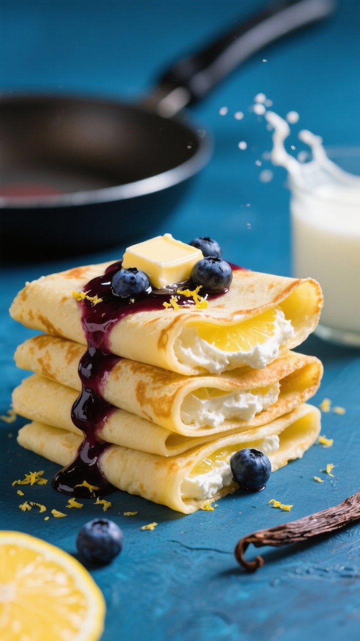 Close-up, straight-on stack of thin lemon ricotta crepes folded into quarters, silky and lightly golden, filled with lemon-ricotta cream and topped with glossy blueberry compote that drips down the sides. Lemon zest sprinkled over, a pat of butter melting in the pan blurred in background, vanilla pod and milk splash props nearby. Bright, fresh, citrusy color palette with deep blue contrast.