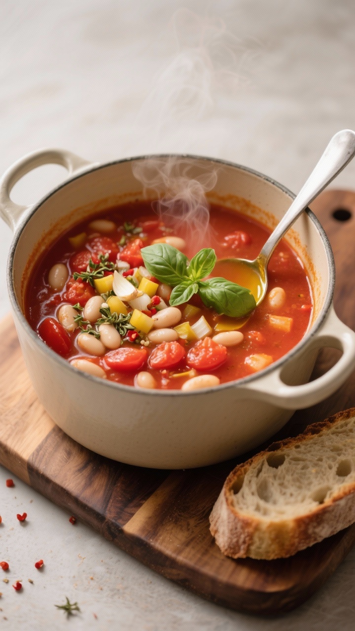 Cozy straight-on shot of tomato-basil white bean soup in a rustic pot: simmering crushed tomatoes with diced yellow onion, minced garlic, dried Italian seasoning, a pinch of red pepper flakes, and hearty white beans; finished with fresh basil leaves and a drizzle of olive oil; ladle resting on the side, steam rising; served with a slice of crusty bread on a wooden board; warm, inviting 20-minute weeknight vibe, rich red hues, no people.