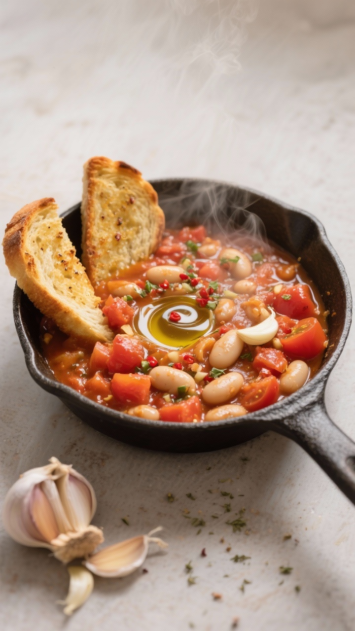 Cozy straight-on skillet scene of tomato-white bean stew with garlic toast dippers: cast-iron pan filled with simmering diced tomatoes, cannellini beans, minced garlic, Italian seasoning, and a hint of red pepper flakes, finished with a swirl of olive oil; golden garlicky toast slices propped on the rim; warm, rustic, comforting, visible steam and sheen of oil.
