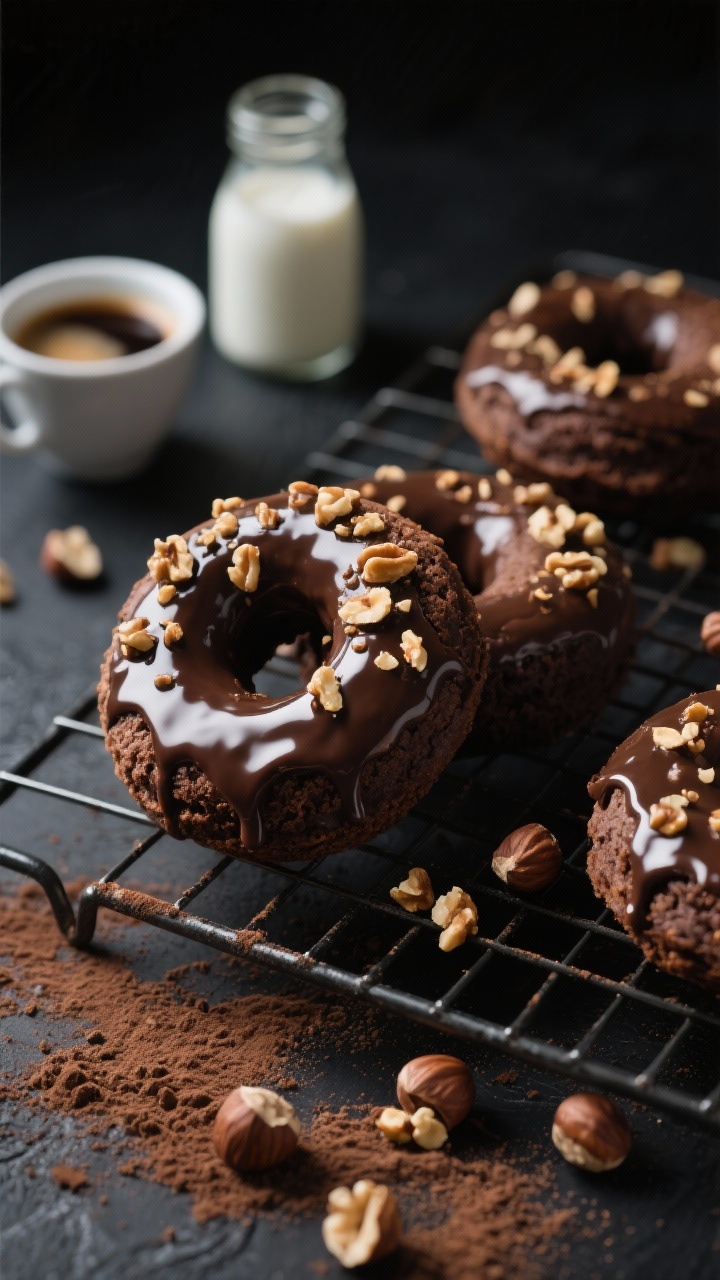 Dramatic 45-degree angle of chocolate-hazelnut baked donuts on a cooling rack: matte chocolate crumb with a shiny espresso glaze dripping, sprinkled with crushed toasted hazelnuts. Cocoa powder and flour dusting on the dark surface, a small cup of espresso and buttermilk jar in the background for context. Moody lighting with highlights on glaze, tack-sharp detail on nut texture.