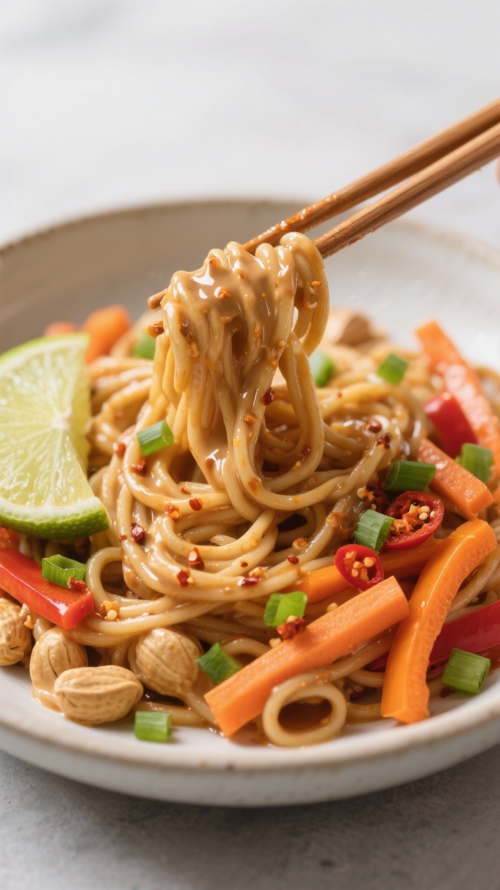 Dynamic close-up of spicy peanut noodles in a shallow bowl: spaghetti (or ramen) coated in creamy peanut butter sauce blended with soy sauce/tamari, rice vinegar, lime juice, and honey; topped with crunchy matchstick veg (carrot, bell pepper), chopped scallions, and chili flakes; lime wedge on the rim, glossy strands being lifted by chopsticks, highlighting silky sauce and crunchy textures.