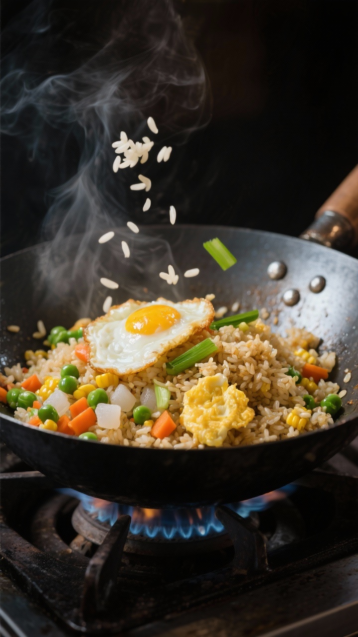 Dynamic wok close-up at 45 degrees: crispy egg fried rice made with day-old jasmine—separated, lightly browned grains; scrambled eggs in soft curds; frozen mixed vegetables (peas, carrots, corn) and sliced green onions tossed through; a light sheen from neutral oil; wisps of steam, a few rice grains mid-toss for motion; dark carbon-steel wok on a gas burner, moody backlight for glossy highlights.