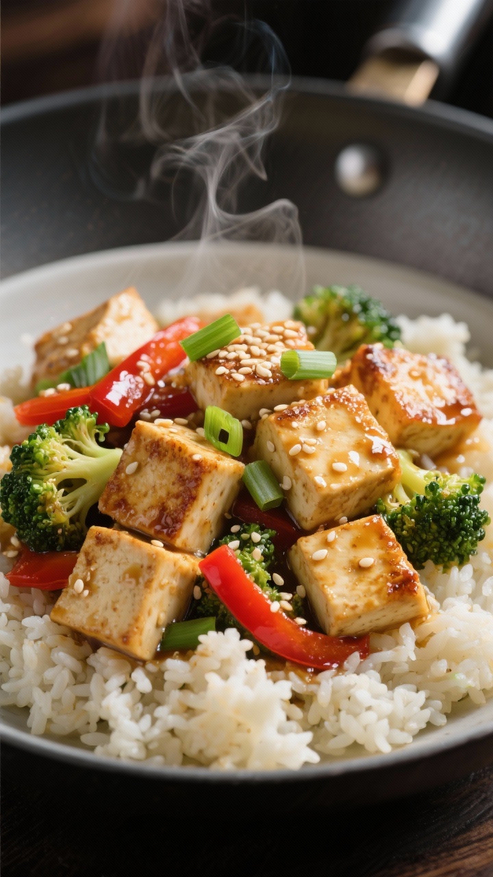Dynamic wok-side close-up of sesame ginger tofu stir-fry over cauliflower rice: extra-firm tofu cubes lightly coated in cornstarch seared to a golden crust in neutral oil, tossed with broccoli florets and red bell pepper strips in a glossy sesame-ginger sauce; served over fluffy riced cauliflower in a shallow bowl; sesame seeds and sliced scallions on top, light steam rising, high-contrast lighting to highlight crisp tofu edges.