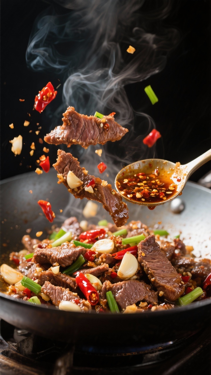 High-energy wok action close-up of crispy beef stir-fry with garlic chili crunch: thin slices of flank steak, lightly coated in cornstarch, seared to crisp edges in a sheen of neutral oil, tossed with minced garlic and a spoonful of chili crunch. Soy sauce glaze clinging to the beef, steam and sizzle captured mid-toss, red chili flecks and scallions scattered, dramatic contrasty lighting for appetizing gloss.
