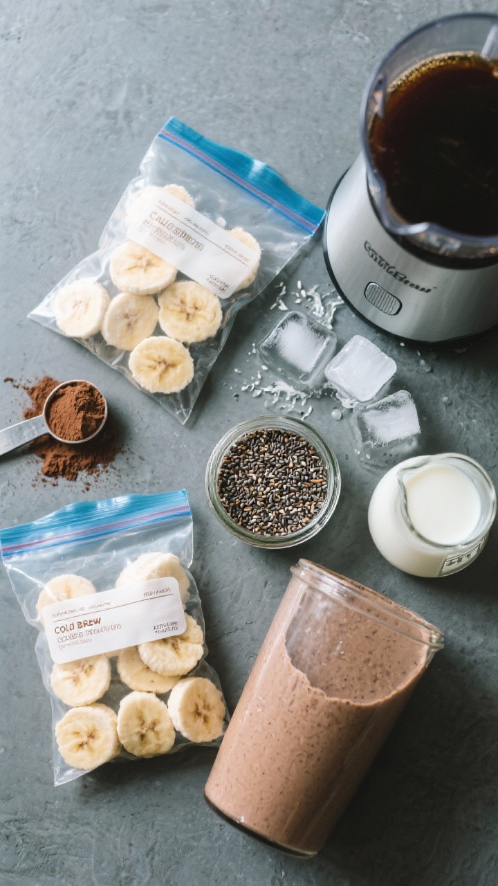 Ingredient flat lay overhead for cold brew coffee protein smoothie packs: labeled freezer bags partially filled with frozen banana coins, cocoa powder, a scoop of vanilla or chocolate protein powder, chia seeds, and a small jar of cold brew concentrate; a blender jar nearby, ice cubes, and a splash of milk in a small beaker; cool slate background, clean and organized.
