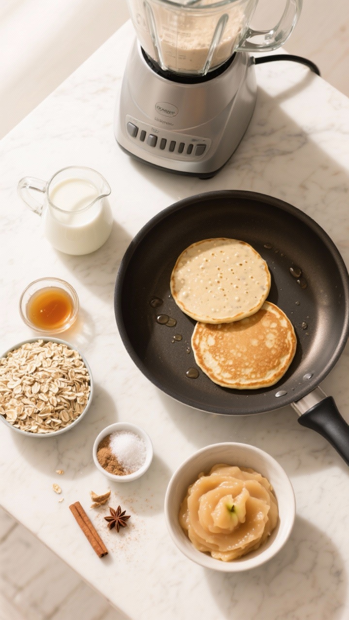Ingredient-focused overhead flat lay of oatmeal blender pancakes prep: rolled oats, a small pitcher of milk (dairy or plant-based), a splash of maple syrup or sugar, baking powder, cinnamon, salt, and a bowl of unsweetened applesauce beside a high-speed blender; a nonstick skillet with a couple of just-poured batter rounds showing tiny bubbles forming; clean, bright morning light emphasizing wholesome textures and the convenience of a busy-morning setup.
