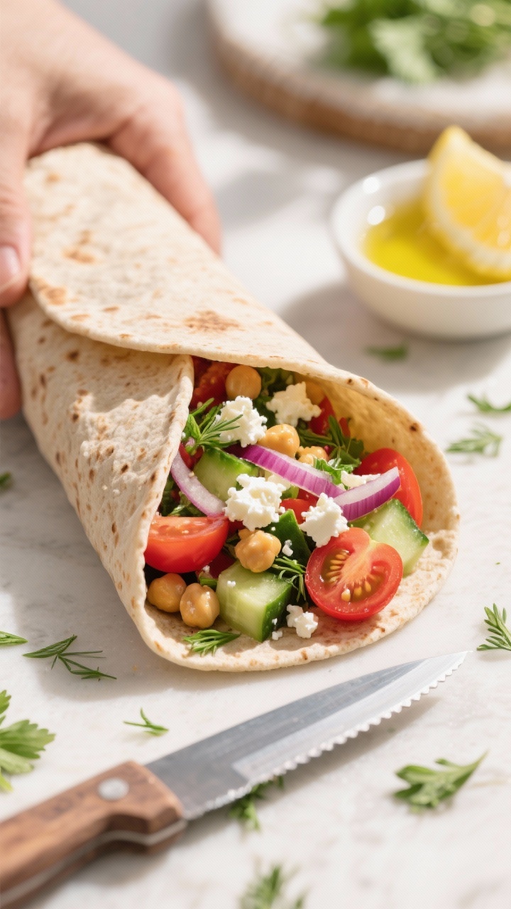 Ingredient-forward wrap assembly shot at 45 degrees: a whole-wheat wrap being filled with a no-cook Mediterranean chickpea salad—chickpeas, diced cucumber, halved cherry tomatoes, thin slivers of red onion, crumbled feta, and chopped parsley or dill; drizzle of olive oil and a squeeze of lemon visible in a tiny dish; bright, crunchy, and creamy textures; vibrant reds, greens, and whites; clean, sunlit countertop with a knife and scattered herb leaves.