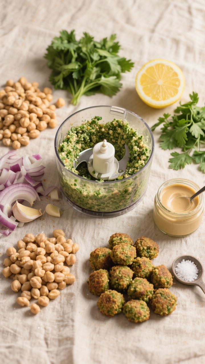 Ingredient prep overhead for veggie-packed falafel: drained, soaked dried chickpeas, roughly chopped onion, peeled garlic cloves, packed parsley leaves, and cilantro arranged in tidy piles around a food processor bowl with a coarse green flecked mixture visible; a lemon half and a small jar of tahini with a spoon and pinch bowl of salt nearby, ready for a zingy lemon-tahini sauce; neutral linen and warm natural light for a fresh Middle Eastern vibe.