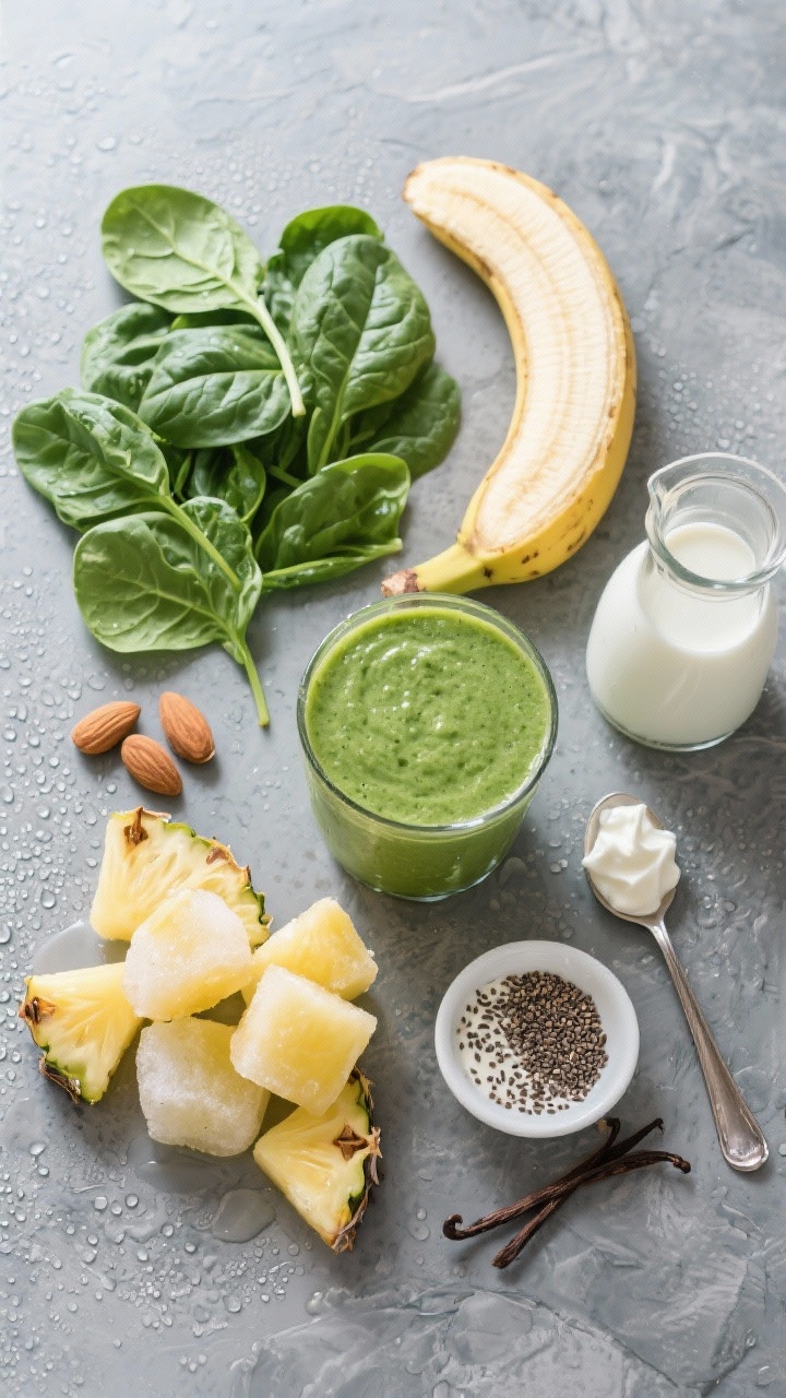 Ingredients flat lay for a green smoothie: fresh spinach leaves, half a frozen banana, frozen pineapple chunks, unsweetened almond milk in a small carafe, a spoonful of nonfat Greek yogurt, chia seeds, and a splash of vanilla; arranged neatly on a cool slate surface with condensation on the frozen fruit, bright natural light, clean and refreshing palette.