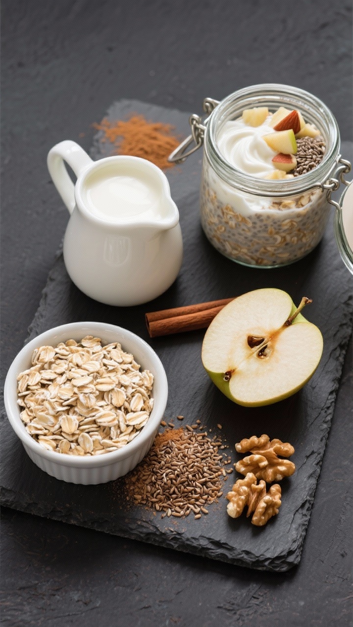 Ingredients flat lay for cinnamon apple overnight oats: overhead composition of rolled oats, unsweetened almond milk in a small pitcher, plain Greek yogurt in a ramekin, finely chopped half apple, ground flaxseed, and chopped walnuts arranged neatly on a dark slate; a pinch of cinnamon sprinkled artfully; a glass jar half-filled with the oat mixture showing visible apple bits, flax, and yogurt swirl; cool, soft morning light highlighting grain texture and nutty detail.