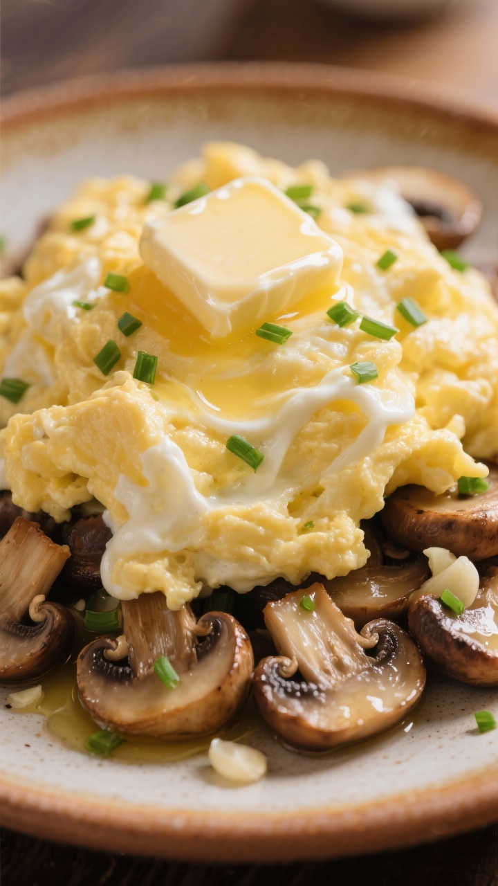 Intimate close-up of creamy soft-scrambled eggs atop garlicky mushrooms: glossy, custardy eggs swirled with a touch of cream, gently piled over sautéed cremini mushrooms cooked in butter with minced garlic. Finished with a pat of butter melting on top and a sprinkle of chopped chives. Served on a warm ceramic plate, butter sheen and mushroom caramelization clearly visible. Shallow depth of field, cozy brunch ambiance.
