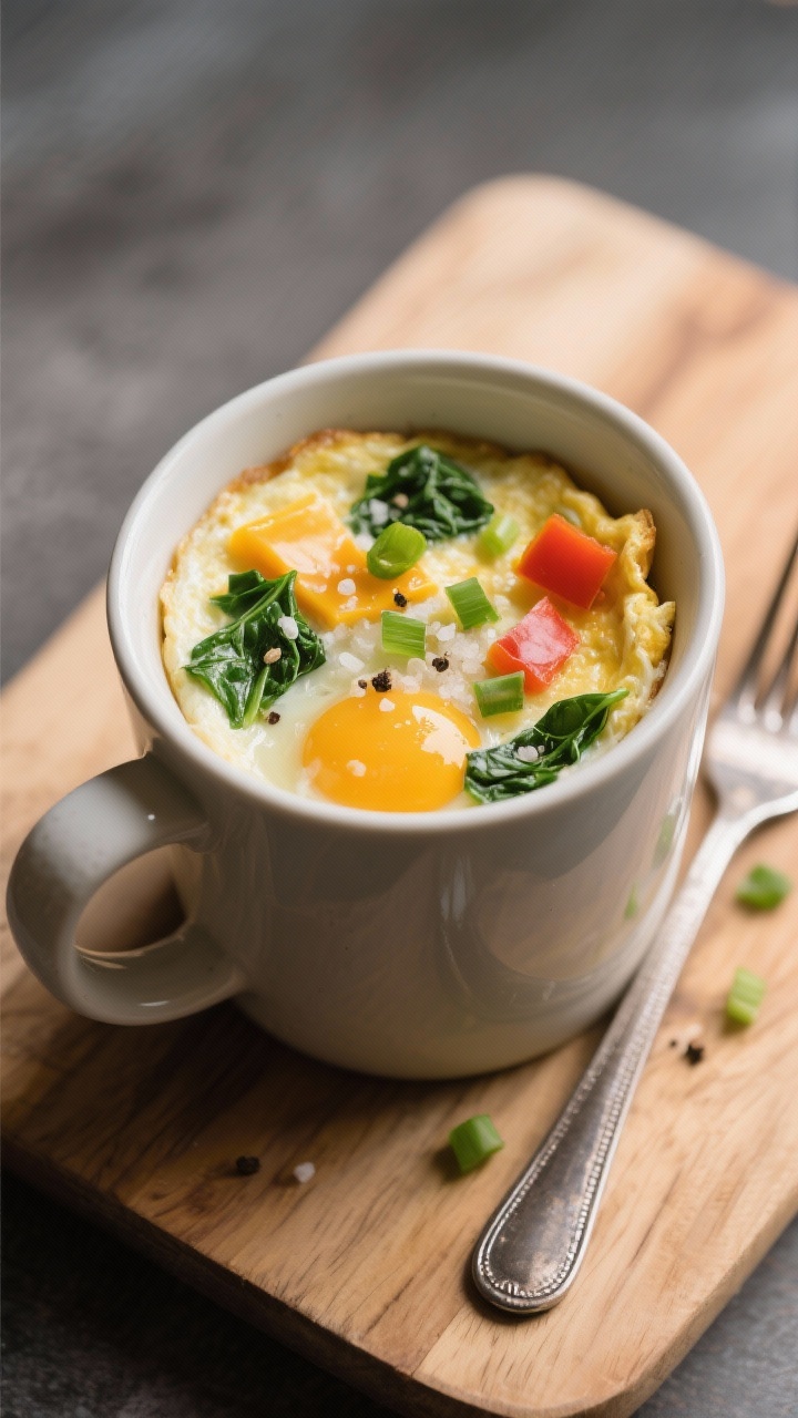 Microwave mug omelet process shot at 45 degrees: a large ceramic mug filled with just-set fluffy eggs speckled with chopped baby spinach, melted cheddar pockets, and optional diced bell pepper; pinch of salt and pepper visible on top; set on a wooden board with a fork and a sprinkle of green onion.