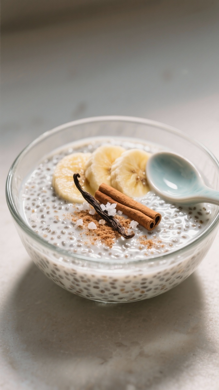 Minimalist close-up of chia pudding in a low glass bowl: coconut milk-based chia seeds swollen to a silky, tapioca-like texture, lightly sweetened with maple syrup, scented with vanilla and cinnamon; topped with a few banana slices and a dusting of cinnamon, pinch of sea salt noted by tiny crystals, cool ceramic spoon beside, soft diffused light for custard-like appeal.