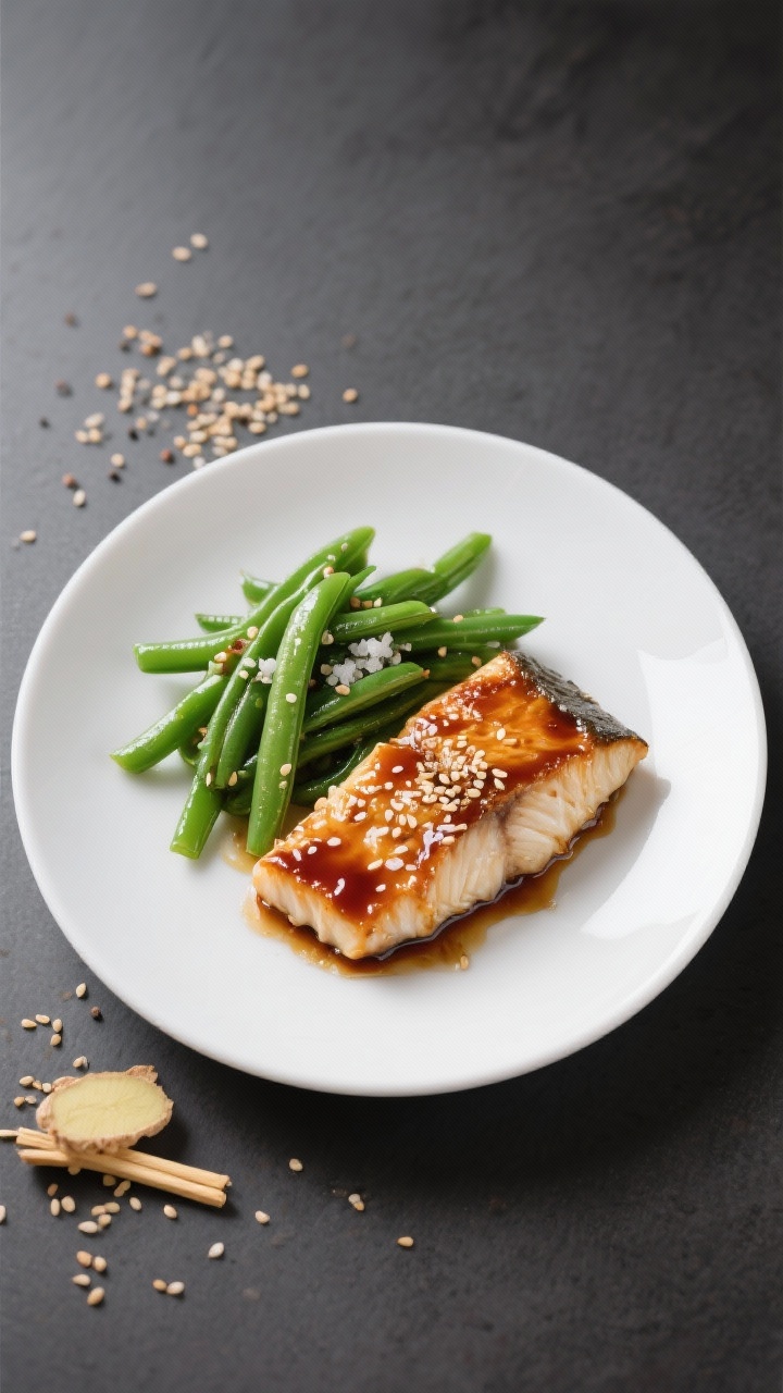 Minimalist straight-on shot of miso-ginger glazed cod with sesame green beans: lacquered cod fillets brushed with a glossy miso-ginger glaze, flaky and moist, set beside bright green beans tossed with sesame and a hint of neutral oil, seasoned with salt and pepper. White plate on a matte dark surface, scattered toasted sesame seeds and thin ginger matchsticks for accent, clean modern styling.