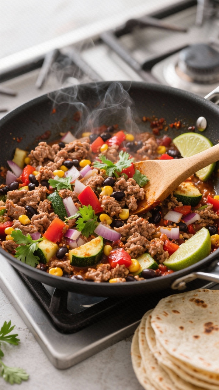 Overhead action shot of a turkey taco skillet mid-cook: browned ground turkey tossed with diced onion, red bell pepper, zucchini, sweet corn kernels, and black beans; spices visible as a warm reddish tint, steam rising; wooden spoon stirring through the vibrant mixture in a large nonstick skillet, garnished with a few cilantro leaves and lime wedges on the side for serving suggestion, on a stovetop with a folded tortilla stack in the corner.