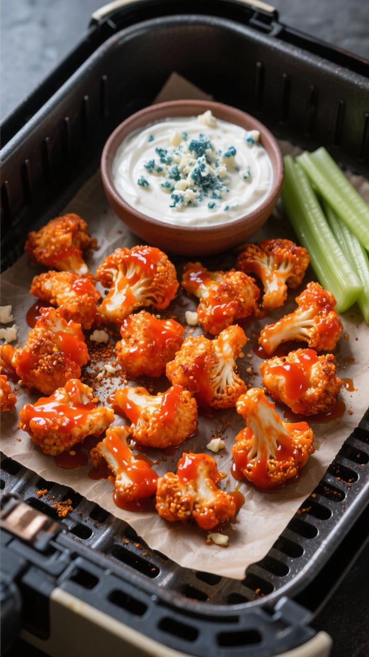 Overhead action-style tray shot: Air-fried buffalo cauliflower bites lacquered in hot sauce (Frank’s RedHot) with a hint of melted butter and garlic powder, scattered on a parchment-lined air fryer basket; a cool blue cheese yogurt dip in a small bowl with crumbled blue cheese on top; celery sticks on the side; vibrant orange-red glaze popping against a dark metal tray.