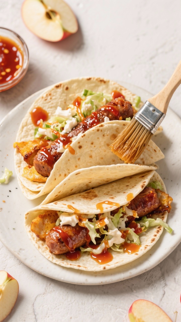 Overhead assembly of maple-sriracha breakfast sausage wraps: warm tortillas filled with seared breakfast sausage, drizzled with a glossy maple-sriracha glaze, topped with quick slaw tossed in mayo and a splash of apple cider vinegar; a brush dipped in sauce nearby, bright, punchy colors and tidy composition.