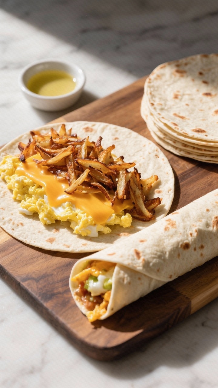 Overhead burrito build scene: a tortilla spread on a board with layers arranged for rolling—crispy browned hash browns, soft cheesy scrambled eggs (eggs whisked with milk), shredded cheddar melting over the eggs. A small dish of neutral oil nearby, additional tortillas stacked to the side. One burrito partially rolled, showing the filling; another fully rolled with a light toast mark. Clean, hearty, diner-style mood with strong directional light.