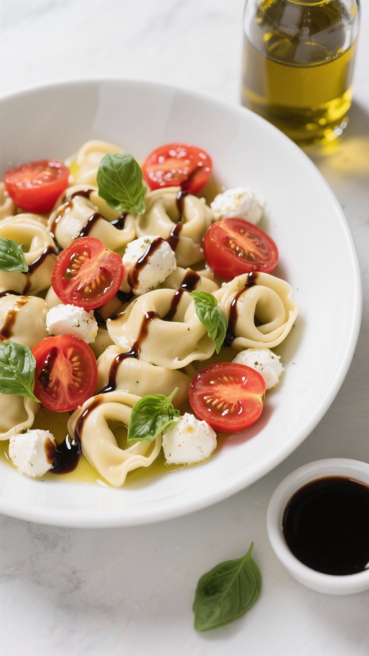 Overhead caprese tortellini in a wide white bowl: cheese tortellini tossed with halved cherry tomatoes and fresh mozzarella pearls, glossy extra-virgin olive oil, generous drizzle of balsamic glaze in a zigzag pattern; scattered torn basil leaves; bright reds, milky whites, fresh greens; clean, modern presentation with a small dish of balsamic glaze and a bottle of olive oil nearby.