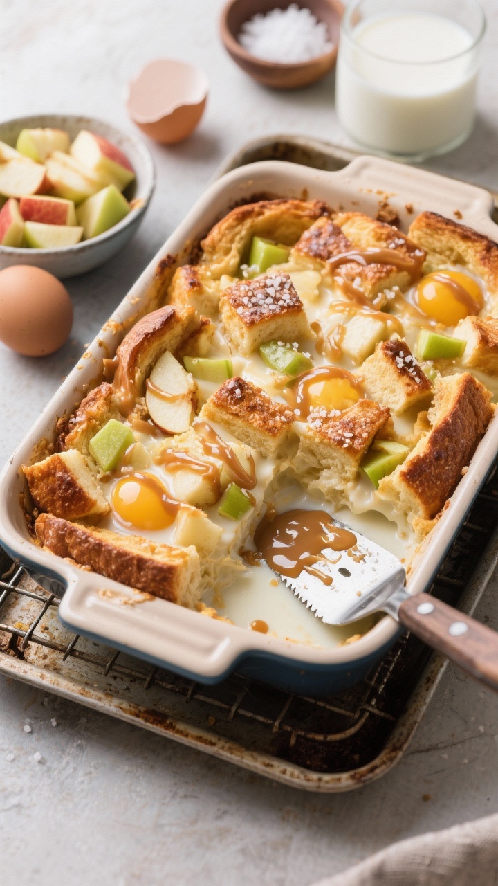 Overhead casserole pan scene of an apple pie French toast bake: custardy cubes of brioche and challah shot through with soft diced Honeycrisp/Granny Smith apples, edges caramelized and puffed; visible custard set from eggs and whole milk; finished with a warm salted caramel drizzle glossing the top and pooling in corners; adjacent small bowls of apple pieces, eggs, and milk, plus a pinch bowl of flaky salt; served on a rustic baking rack with a serrated serving spatula