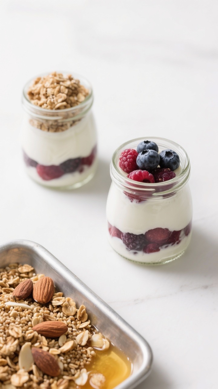 Overhead composition of yogurt parfait jars: clear jars layered with creamy yogurt, jewel-toned fruit (e.g., berries), and a crunchy quinoa-almond granola topper. A tray of extra granola with visible toasted quinoa and almond slivers off to the side, honey drizzle optional. Minimalist white surface, tight, crisp styling emphasizing texture contrast between creamy yogurt and crunchy granola.