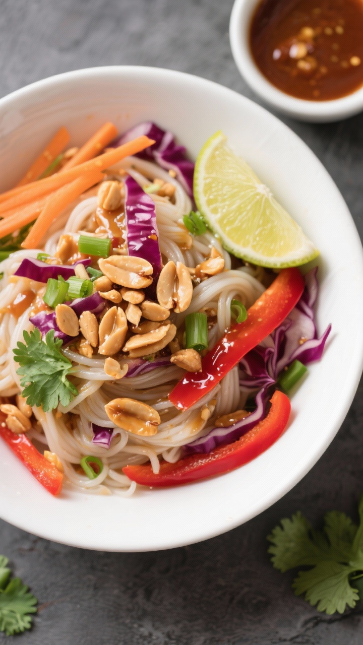 Overhead flat-lay of a crunchy Thai-inspired peanut noodle salad in a wide white bowl: rice noodles tossed with shredded red cabbage, thin red bell pepper strips, julienned carrot, sliced green onions, chopped cilantro, and a glossy roasted peanut dressing; chopped roasted peanuts scattered on top; lime wedge and small bowl of extra sauce on the side; vibrant, crisp textures, saturated colors.