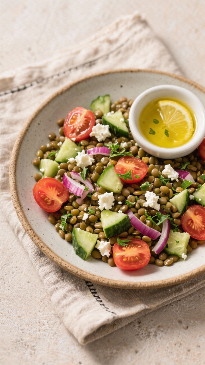Overhead flat lay of a Mediterranean lentil power salad: tender French green or brown lentils (cooked in water or low-sodium vegetable broth) tossed with halved cherry tomatoes, diced English cucumber, finely chopped red onion, and crumbled feta; sprinkled with chopped fresh herbs and a drizzle of olive oil; served in a shallow stoneware platter with a small bowl of lemony vinaigrette; rustic Mediterranean vibe with warm tones and linen napkin; bright, crisp produce textures, no people.