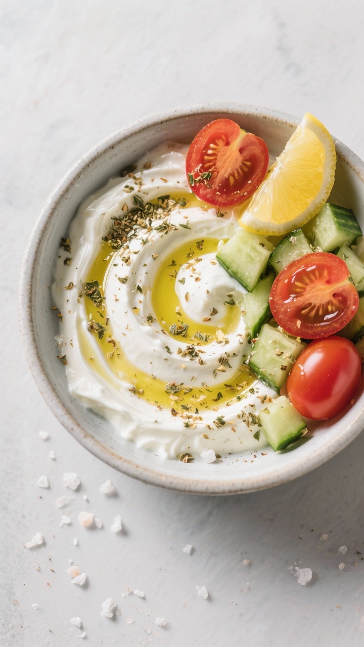 Overhead flat lay of a savory yogurt bowl with za’atar: thick Greek yogurt or labneh swirled in a shallow bowl, topped with halved cherry tomatoes and diced Persian cucumber, sprinkled generously with za’atar, finished with a glossy drizzle of olive oil and a squeeze of lemon. Pinch of flaky salt visible. Minimal, Mediterranean-inspired styling.