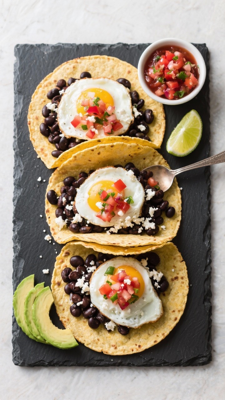 Overhead flat lay of black bean breakfast tacos assembly: warm corn tortillas filled with fluffy egg whites, glossy black beans, juicy spoonfuls of pico de gallo, crumble of cotija, and fanned slices of avocado. Lime wedges and a small ramekin of salsa fresca on a dark slate board; vibrant reds, greens, and creamy whites, clean modern styling.