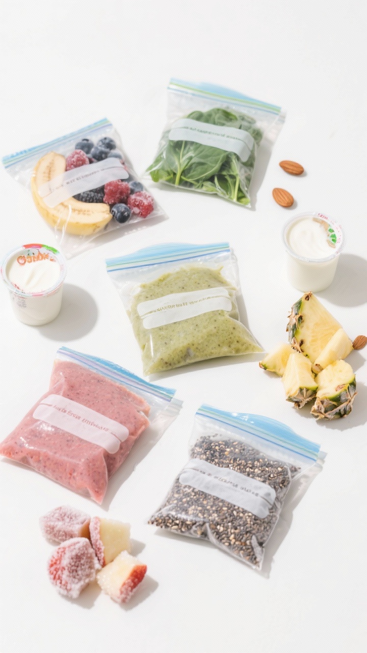 Overhead flat-lay of freezer-friendly smoothie packs: clear zip bags labeled by flavor, each holding frozen combinations like banana, mixed berries, spinach, pineapple, and chia; small containers of yogurt and almond milk set nearby; frost-kissed fruit pieces for texture; clean white background with a high-key, fresh mood.