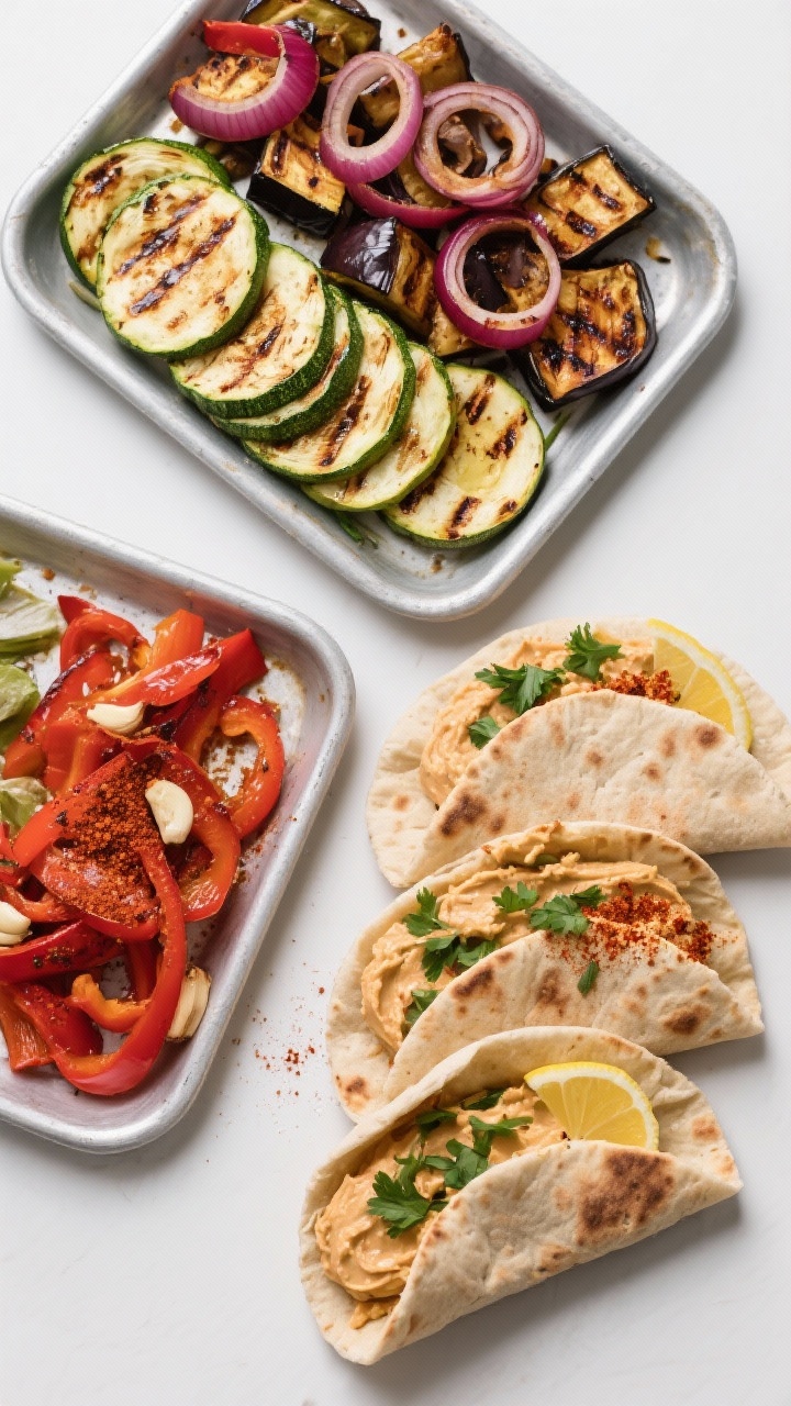Overhead flat lay of roasted veggie and hummus pita pockets: trays of roasted zucchini half-moons, eggplant cubes, thick red onion rings, and red bell pepper strips tossed with olive oil, smoked paprika, and garlic powder; warm whole-wheat pitas stuffed with silky hummus and the caramelized vegetables, a sprinkle of chopped parsley and a squeeze of lemon; charred edges and paprika dust visible, clean slate background for contrast.