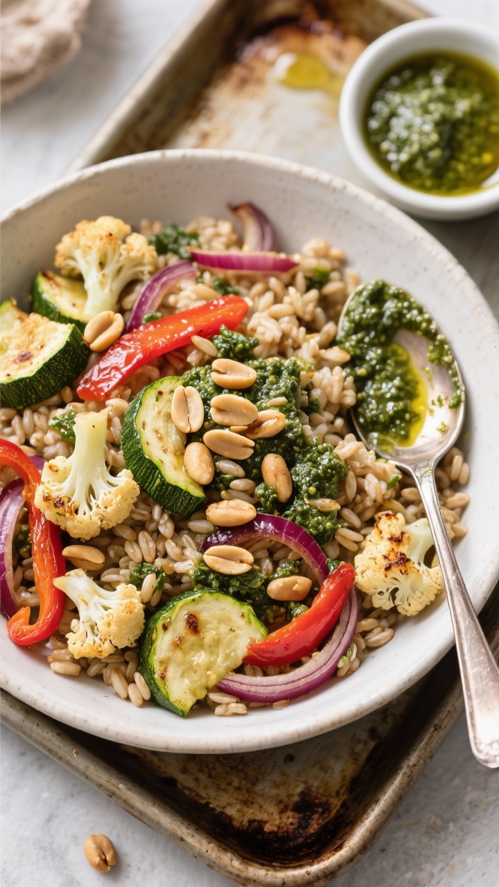 Overhead flat lay of Roasted Veggie Pesto Farro bowl with toasted pine nuts: tender farro tossed with basil pesto, mixed with roasted cauliflower florets, half-moon zucchini, red bell pepper strips, and ribbons of roasted red onion; pine nuts scattered on top for crunch; a spoon showing glistening pesto-coated grains; set on a baking sheet with a small bowl of extra pesto and a drizzle of olive oil; earthy, oven-roasted warmth.