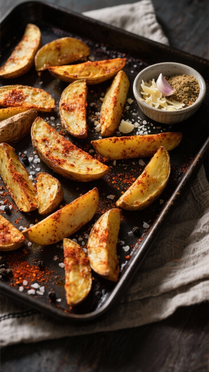 Overhead flat lay of smoky paprika potato wedges on a dark sheet pan, deep golden with paprika-speckled crust, coarse kosher salt and black pepper visible; a small bowl of freshly grated garlic-Parmesan dust ready to sprinkle, plus a ramekin of the mixed garlic powder and onion powder; rustic linen, moody lighting to emphasize crisp edges and steam.