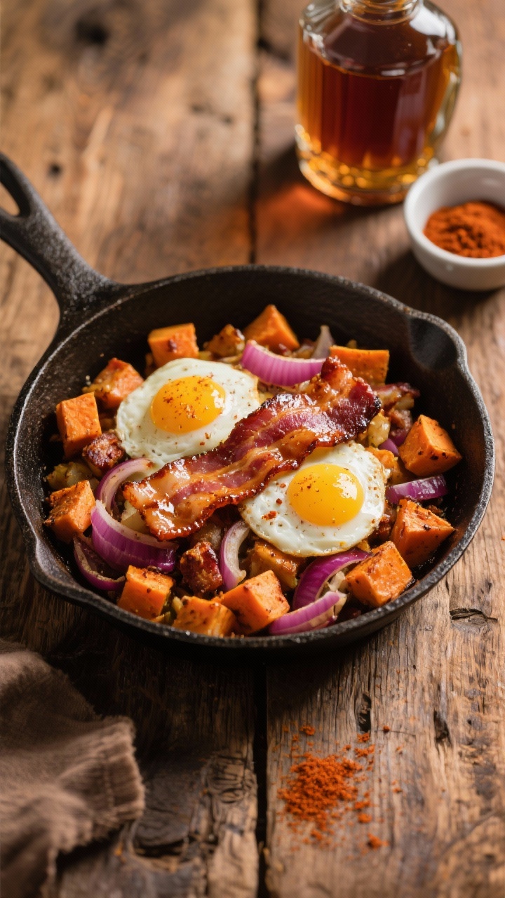 Overhead hearty hash in a cast-iron skillet: maple-glazed thick-cut bacon pieces rendered and caramelized, diced sweet potato cubes browned and tender, red onion softened, a dusting of smoked paprika, eggs cracked on top with slightly runny centers; maple bottle and a small bowl of paprika at the edge, rustic wooden table, warm amber tones emphasizing sweet-savory contrast and crispy textures.