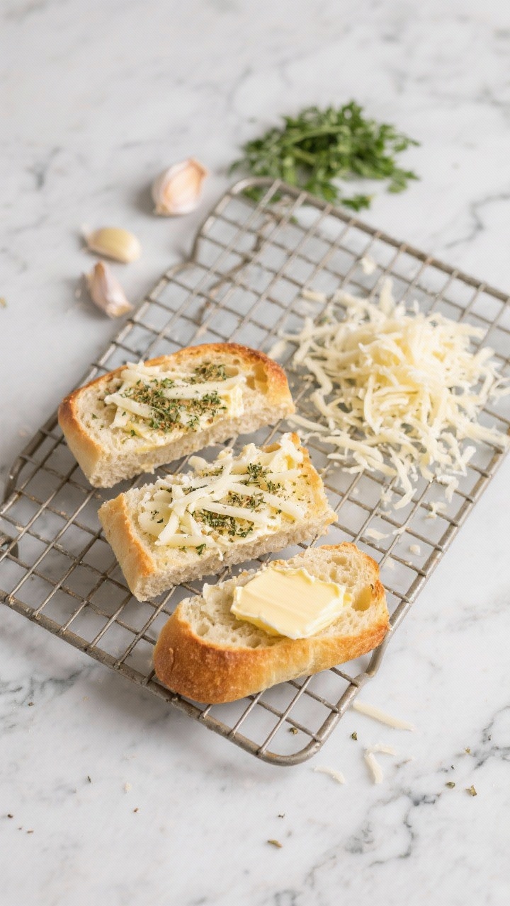Overhead ingredient-and-assembly flat lay for cheesy herb garlic bread sticks: a small baguette sliced, softened butter blended with garlic powder and dried Italian herbs spread on top, shredded mozzarella scattered generously, and a little grated cheese spill on the side. Place on a baking rack ready for the air fryer, with a minimal marble background and tidy mise en place.