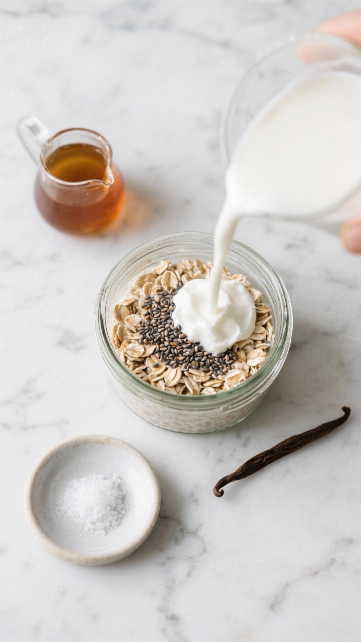 Overhead ingredient flat lay for no-blend overnight oats: a glass jar half-filled with old-fashioned rolled oats, milk of choice being poured in a thin stream, dollop of plain Greek yogurt, chia seeds sprinkled over, maple syrup in a small pitcher, vanilla extract, and a pinch of kosher salt on a pinch dish; cool marble background, clean, modern styling.