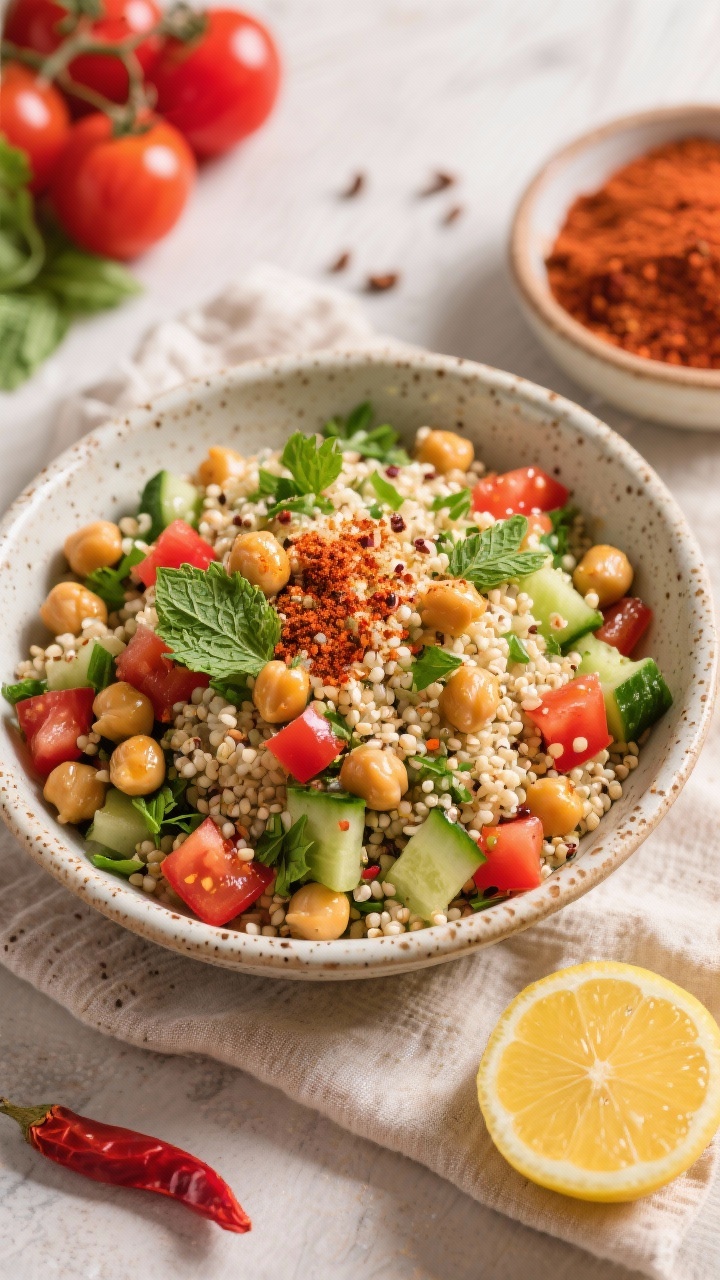 Overhead ingredient-plus-assembly scene for Spicy Chickpea and Quinoa Tabbouleh: a shallow bowl of fluffy cooked quinoa (pearled grains visible) tossed with chickpeas glistening in olive oil, dusted with smoked paprika, cumin, and chili flakes; chopped parsley and mint scattered in, diced tomatoes and cucumbers folded through; lemon half squeezed nearby, warm tones, speckled ceramic bowl on linen, vibrant reds and greens popping.