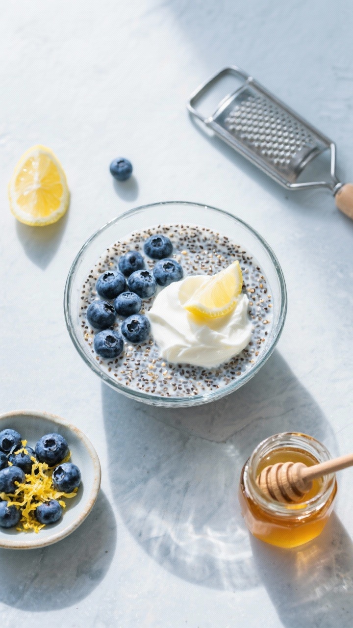 Overhead ingredient-prep flat lay for blueberry lemon chia pudding: a glass bowl of chia seeds blooming in unsweetened almond milk, dollop of plain Greek yogurt ready to fold in, fresh blueberries scattered, lemon zest in a tiny dish with a fine grater, a small jar of honey; cool-toned ceramic surface, clean minimal styling to highlight the blue and yellow color contrast, bright morning light.