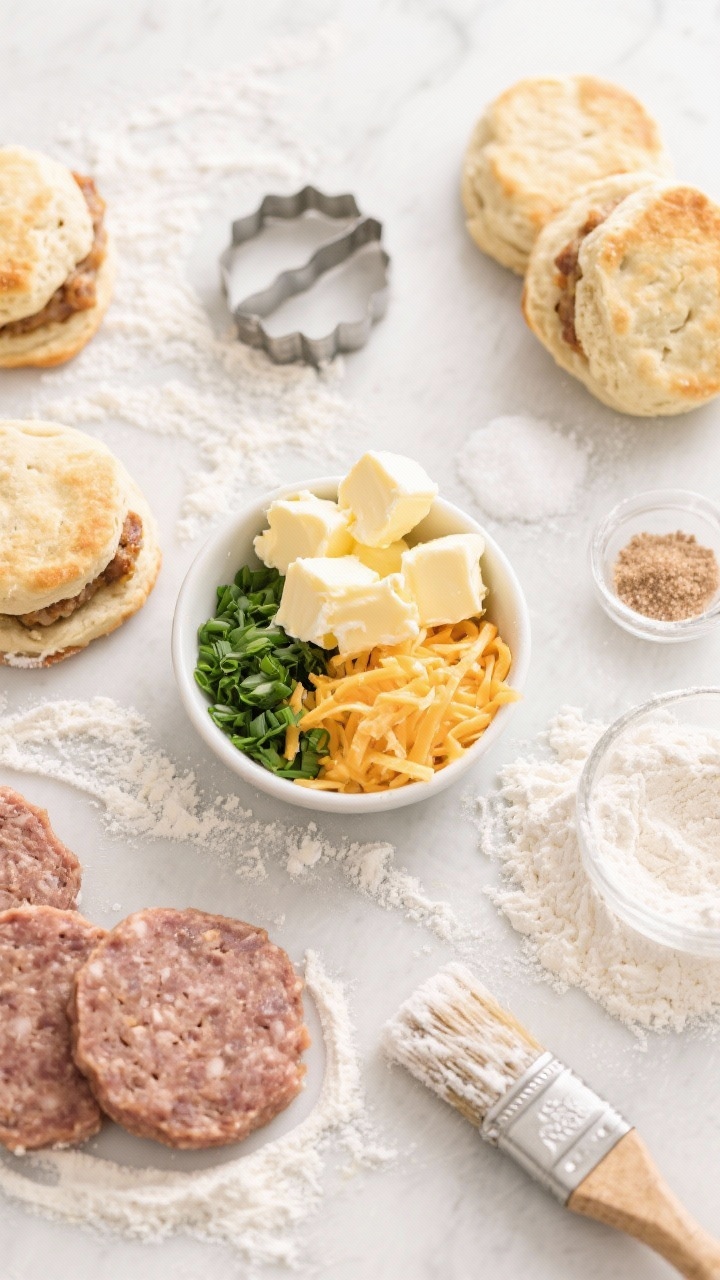 Overhead ingredient-prep shot for cheddar-chive breakfast biscuits with sausage: a floured surface with a bowl of cubed cold butter, shredded sharp cheddar, chopped fresh chives, measured flour, baking powder, baking soda, and salt; raw sausage patties ready to tuck inside; a biscuit cutter and brush of flour trails for texture, bright neutral lighting.