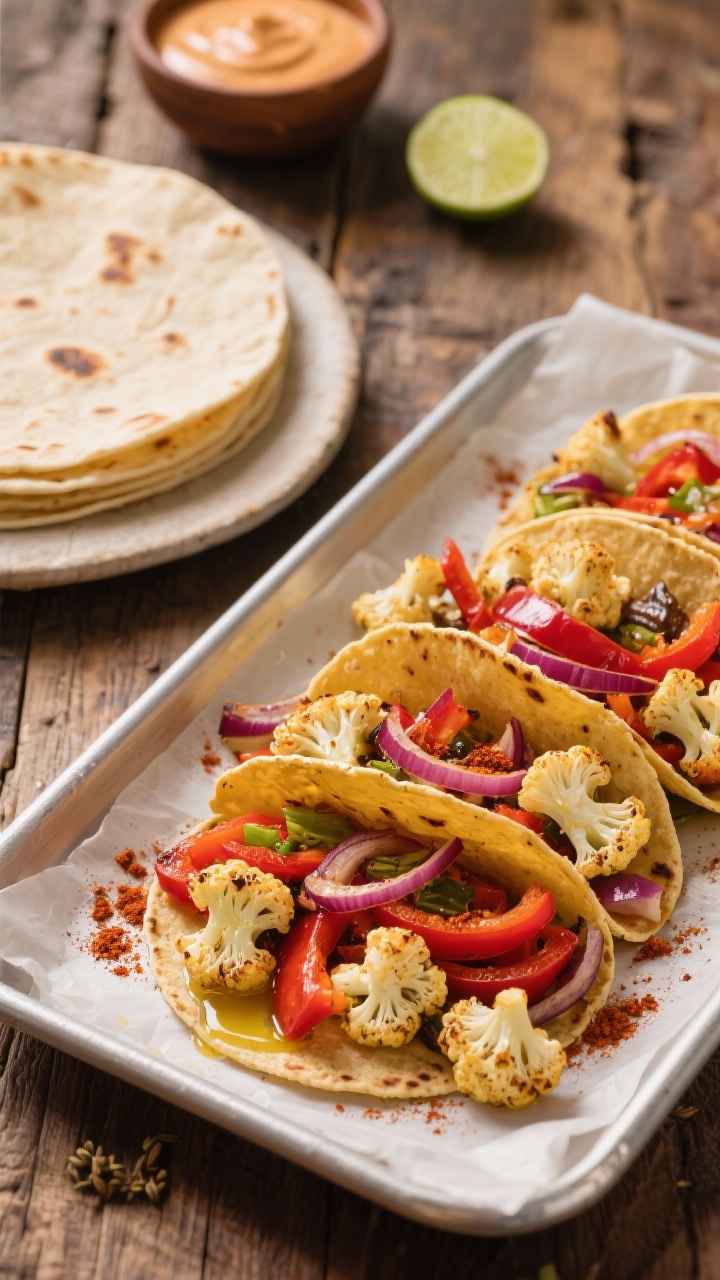 Overhead ingredient-to-assembly scene for golden veggie tacos: small cauliflower florets, sliced red bell pepper, and red onion tossed with olive oil, chili powder, ground cumin, and smoked paprika on a parchment-lined tray; warmed tortillas nearby, a small bowl of chipotle-lime crema ready to drizzle; vibrant colors, rustic wooden table, soft natural light highlighting the roasted char.