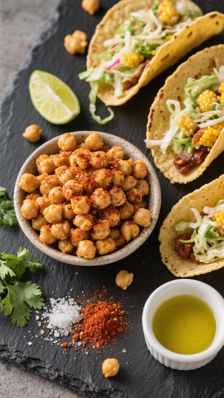 Overhead ingredient-to-assembly shot: Crispy air-fried chickpeas dusted with cumin, smoked paprika, chili powder, garlic powder, and kosher salt arranged in a small bowl; warm corn tortillas laid out with a tangy lime slaw ready to fill; lime halves, cilantro, and a ramekin of olive oil scattered on a dark slate board; vibrant, crunchy, street-taco mood.